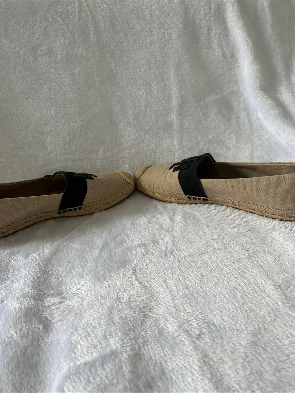 Tory Burch Beige Canvas Espadrilles with Black Logo Band